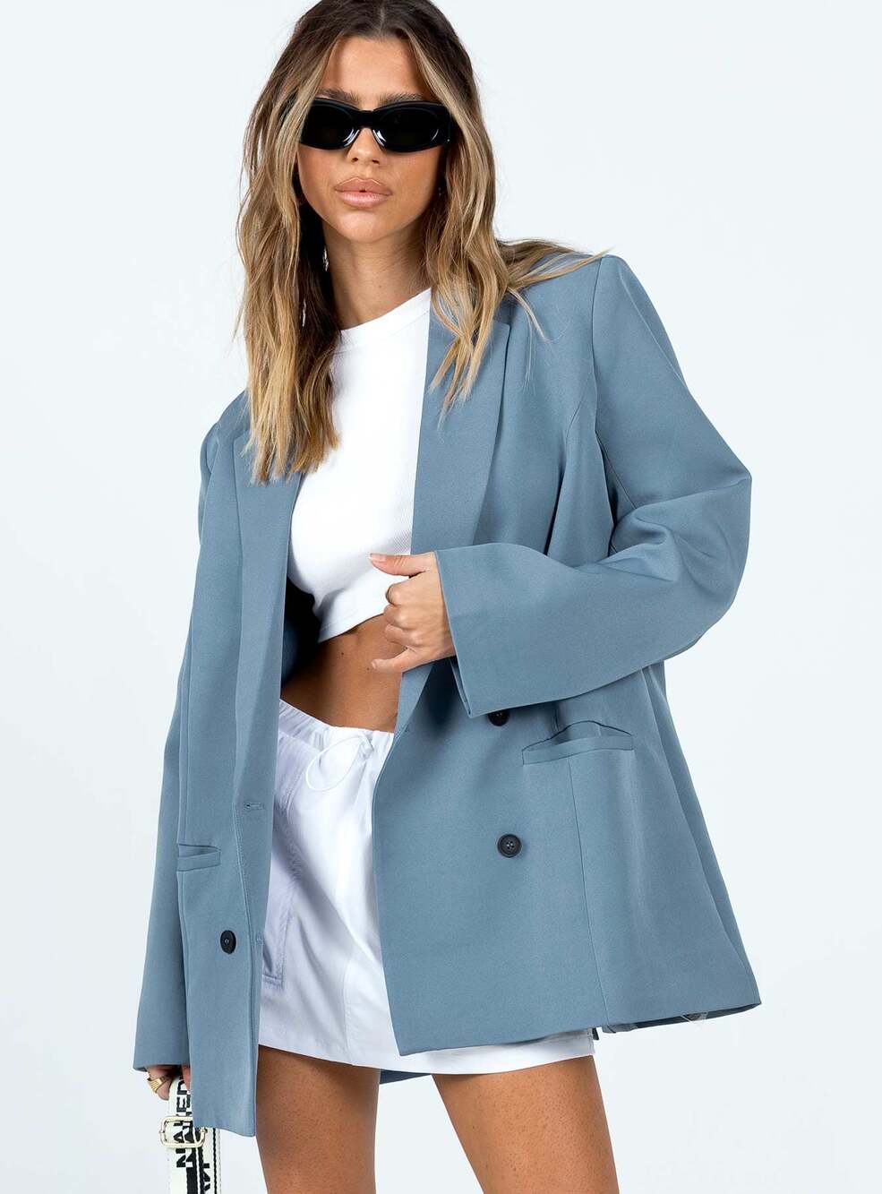 LIONESS Day to Night Slate Blue Double Breasted Blazer Medium Model of Duty